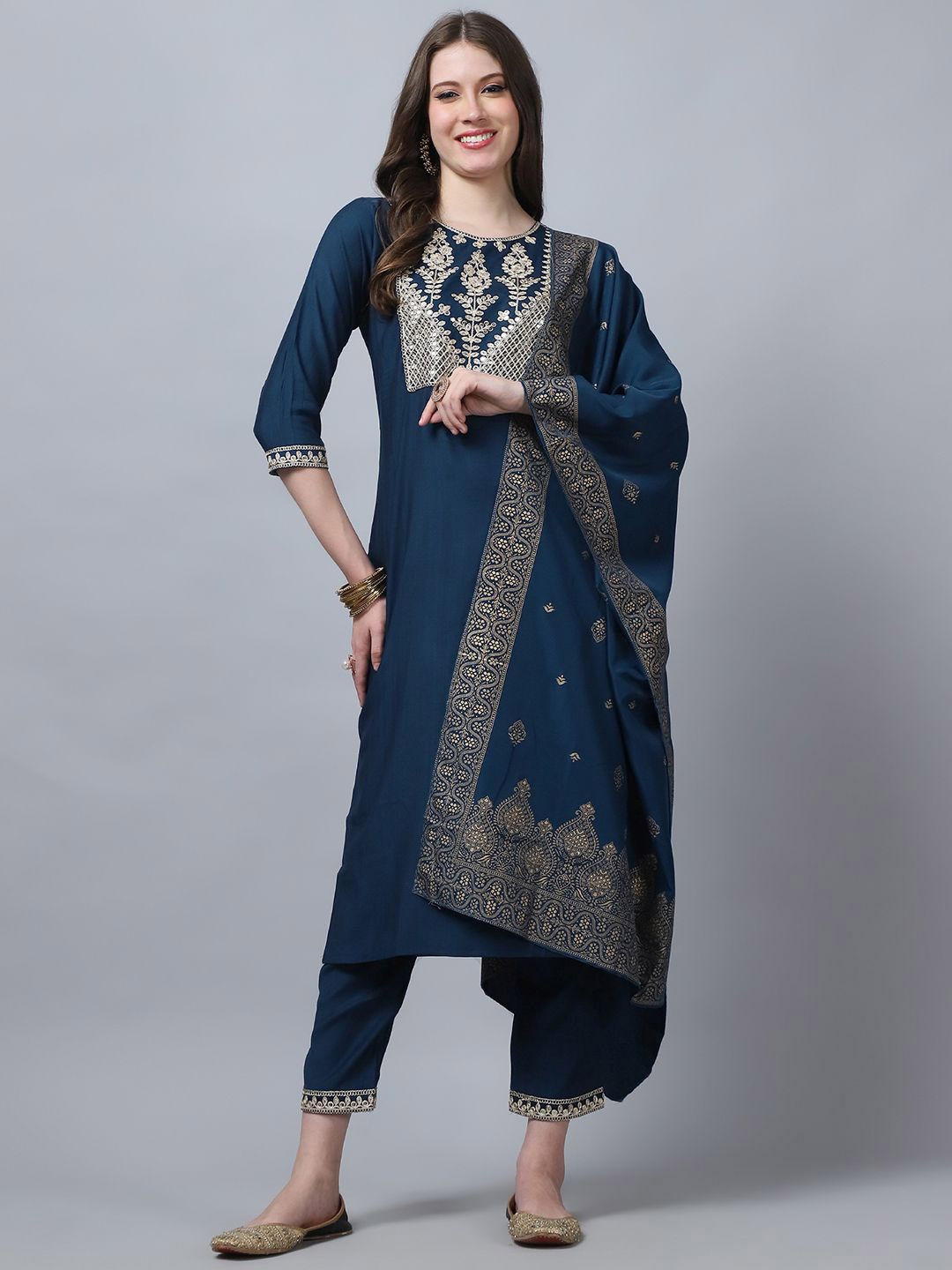 

KALINI Ethnic Motifs Yoke Design Thread Work Pure Silk Kurta with Trousers & Dupatta, Navy blue