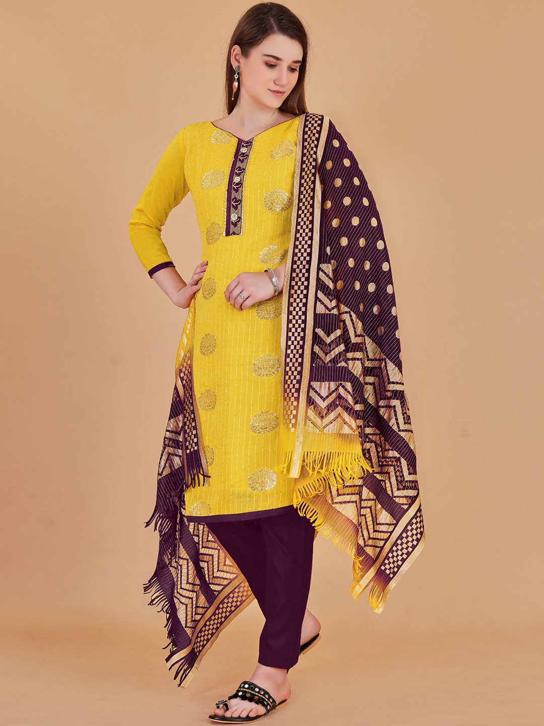 

JULEE Ethnic Motifs Woven Design Zari Unstitched Dress Material, Yellow