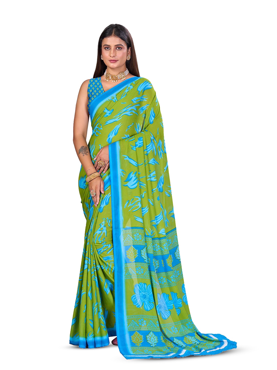 

VIRICA Printed Abstract Saree, Green