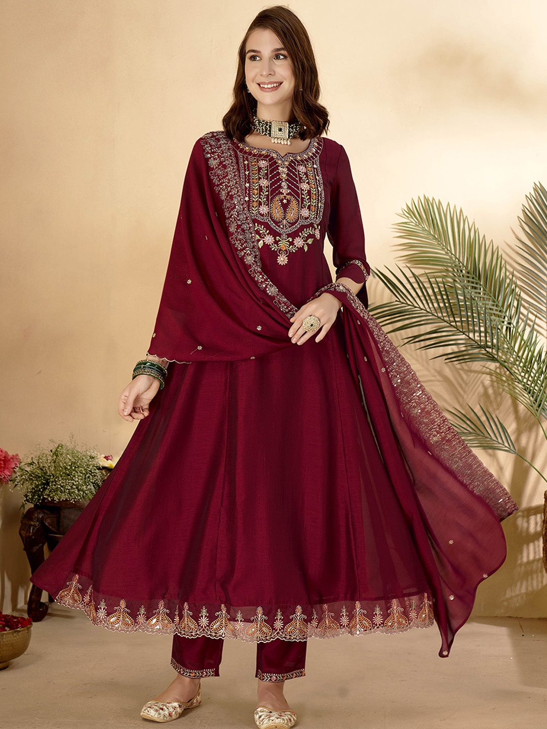 

Anouk Maroon Ethnic Motifs Embroidered Sequinned Anarkali Kurta With Trouser & Dupatta