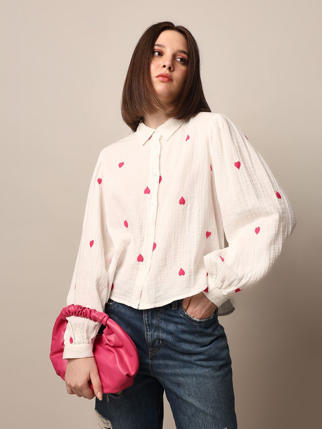 

ONLY Women Spread Collar Abstract Printed Cotton Casual Shirt, White