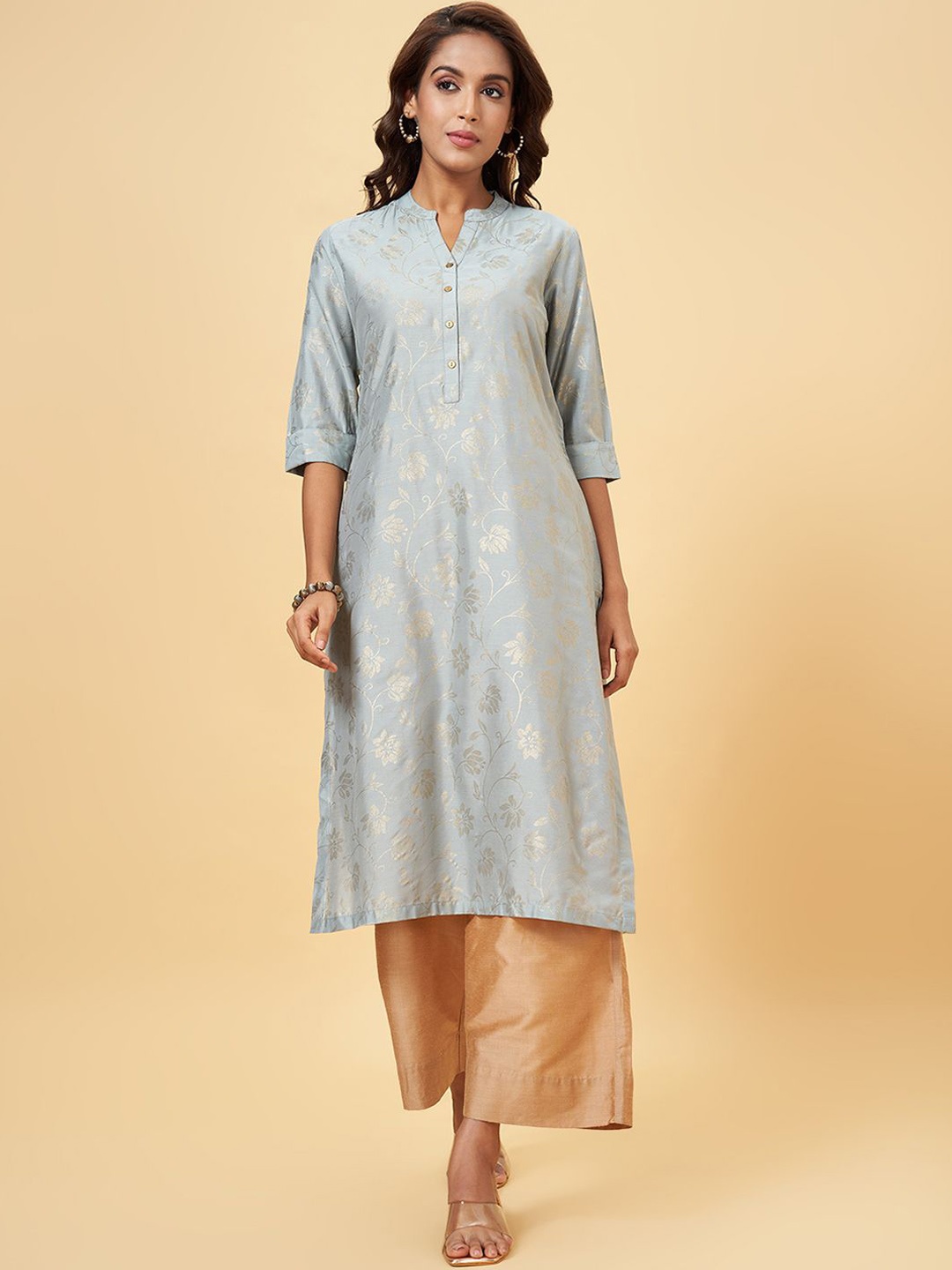 

RANGMANCH BY PANTALOONS Floral Mandarin Collar Straight Kurta, Green