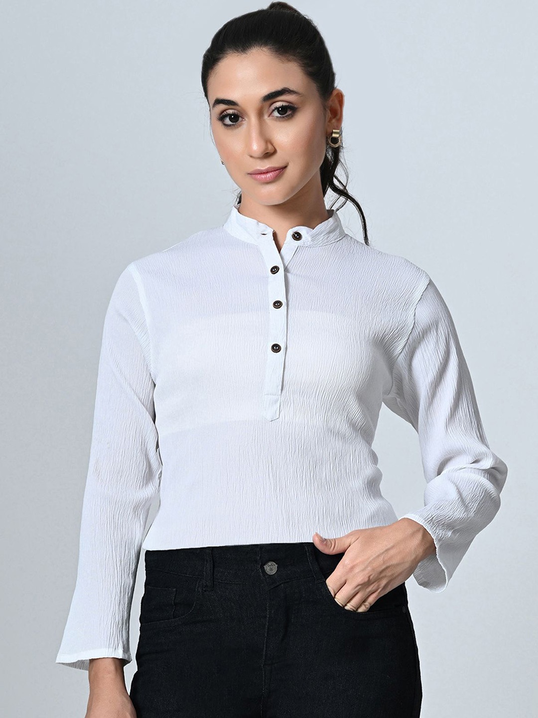 

BAESD Self Design Mandarin Collar Crepe Top, White
