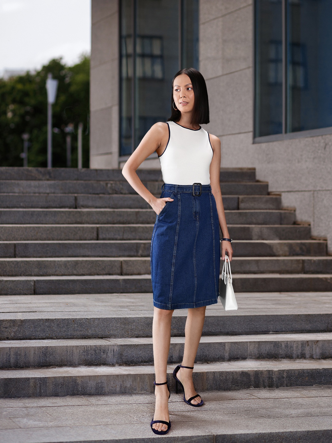 

Chemistry Women Navy Blue Pure Cotton Denim A-Line Midi Skirt