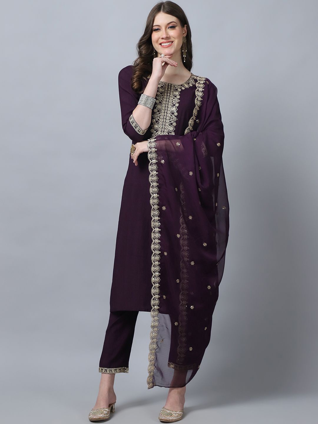 

KALINI Ethnic Motifs Embroidered Pure Silk Straight Kurta With Trousers & Dupatta, Purple