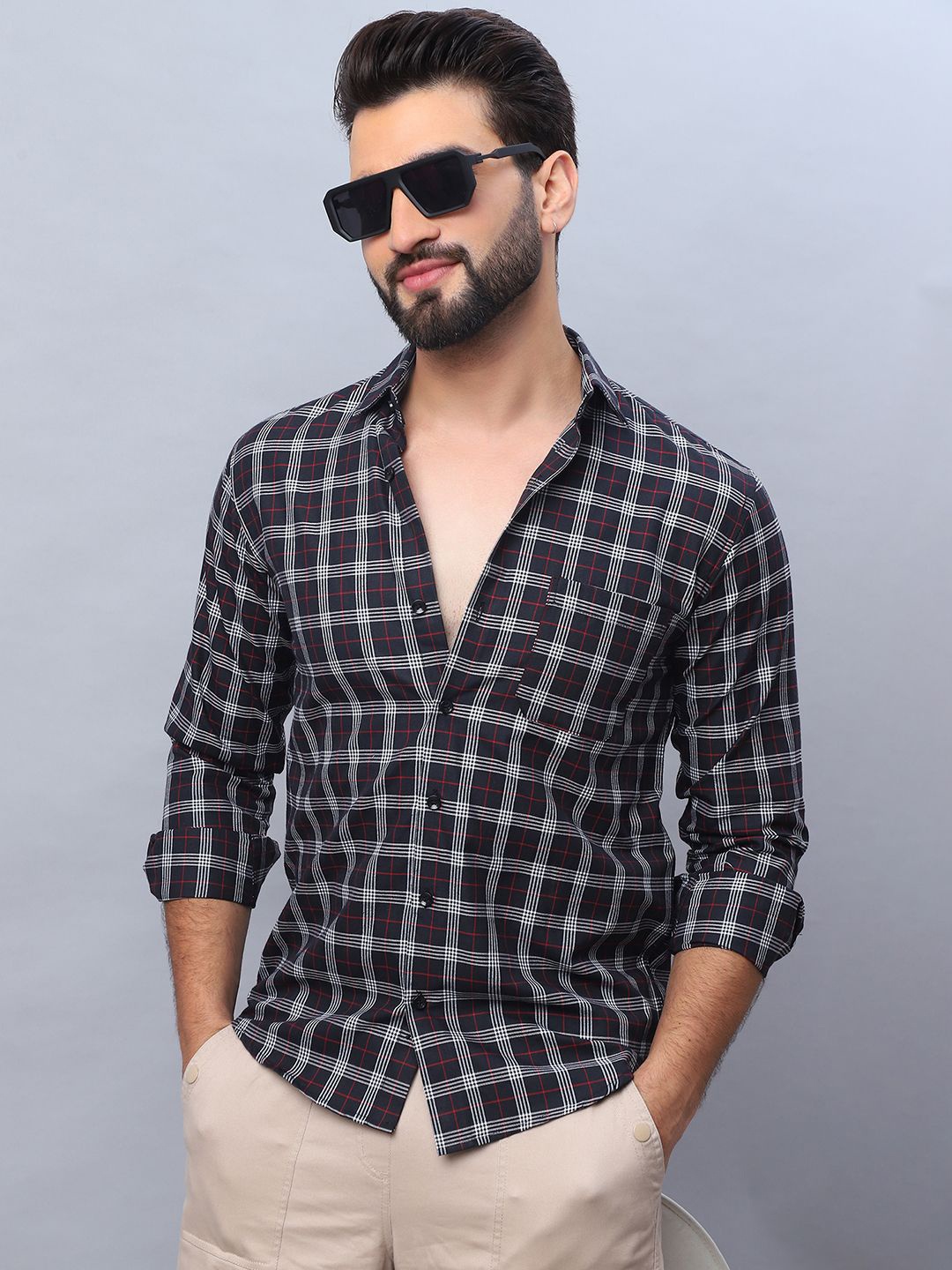 

Indian Needle Men Classic Tartan Checked Pure Cotton Casual Shirt, Black