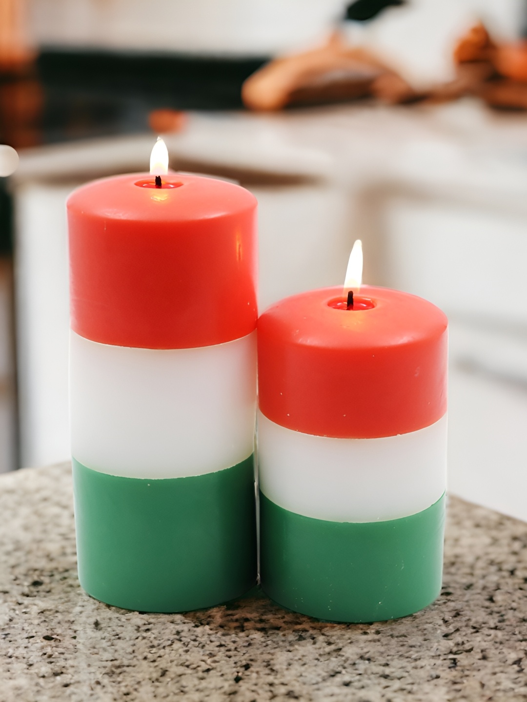 

HOSLEY Orange White Green 2Pcs Tri Color Indepdance Day Smokeless Unscented Pillar Candles