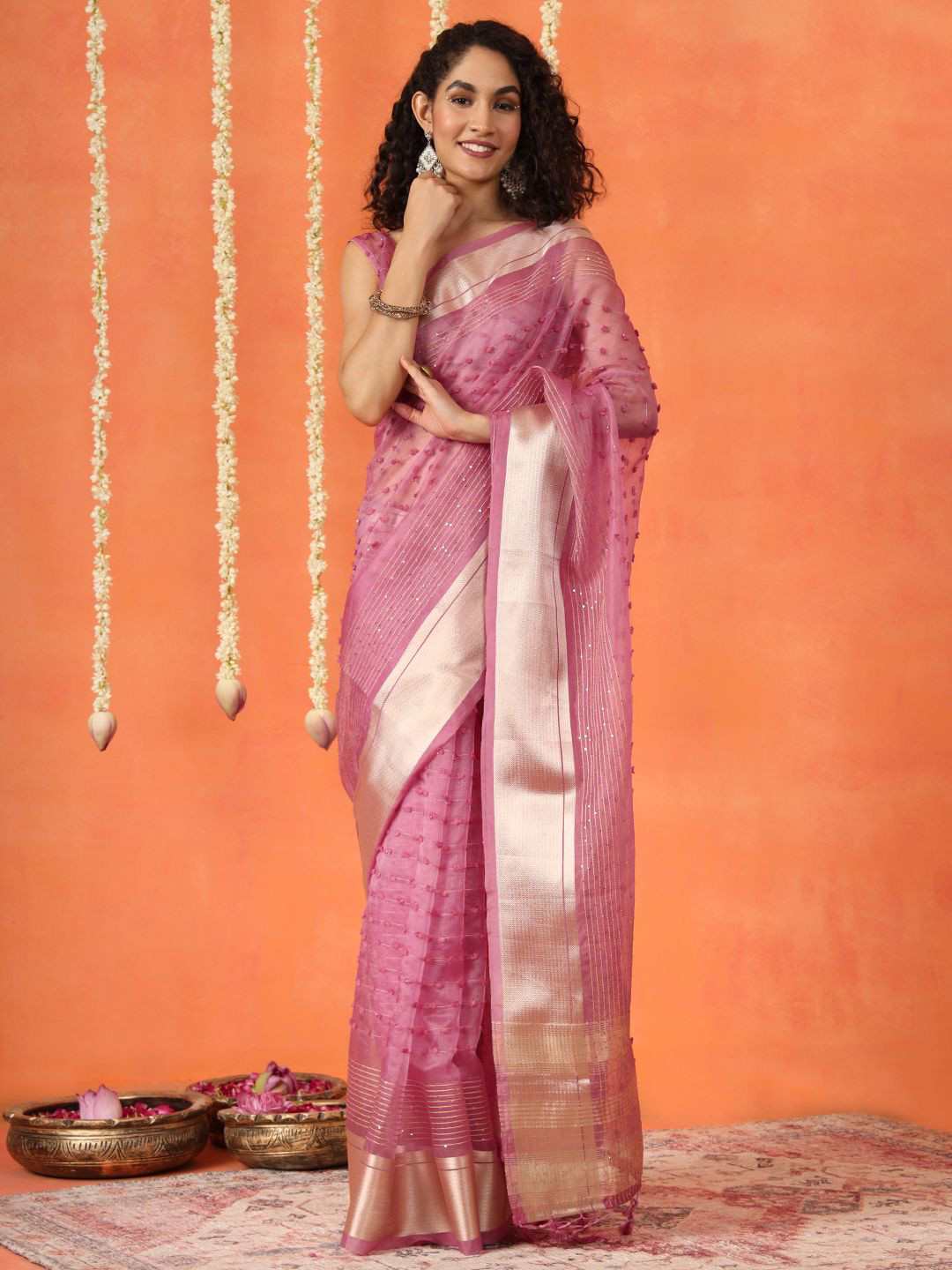 

Tikhi Imli Embellished Sequinned Tissue Sarees with pom pom, Pink