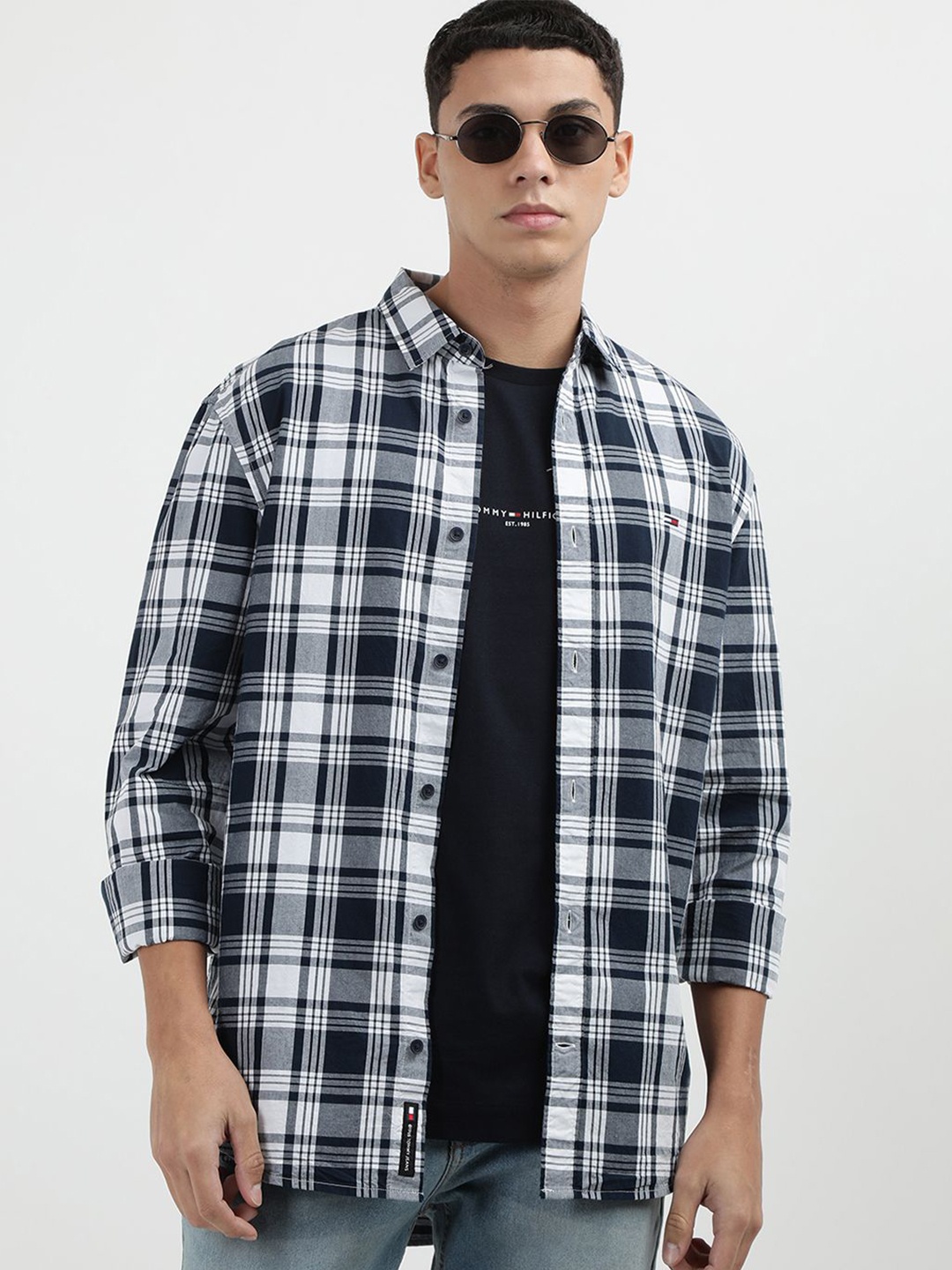 

Tommy Hilfiger Men Tartan Checked Spread Collar Casual Shirt, Blue
