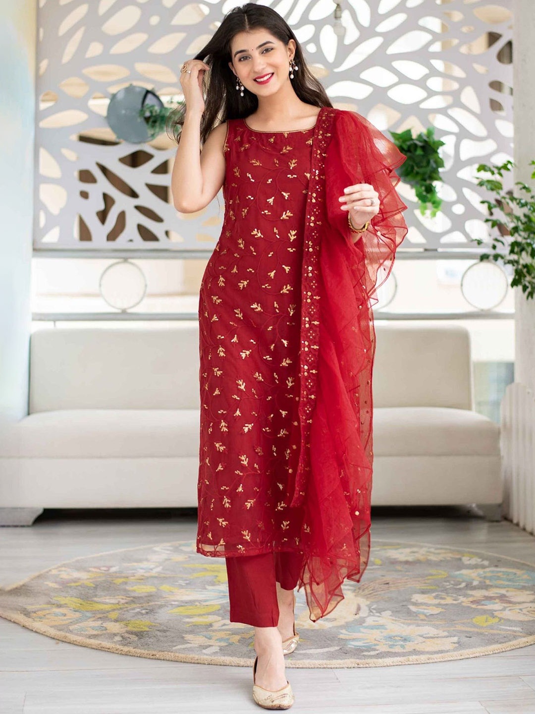 

KALINI Floral Embroidered Sequinned Semi-Stitched Dress Material, Red