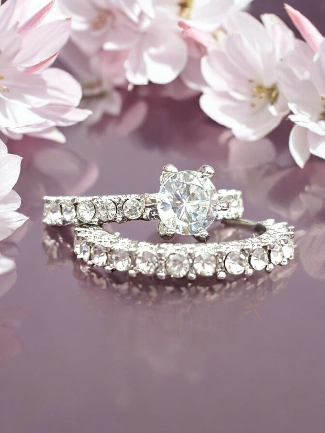 

fabula Set of 2 Floral Solitaire Cubic Zirconia-Studded Finger Rings, Silver
