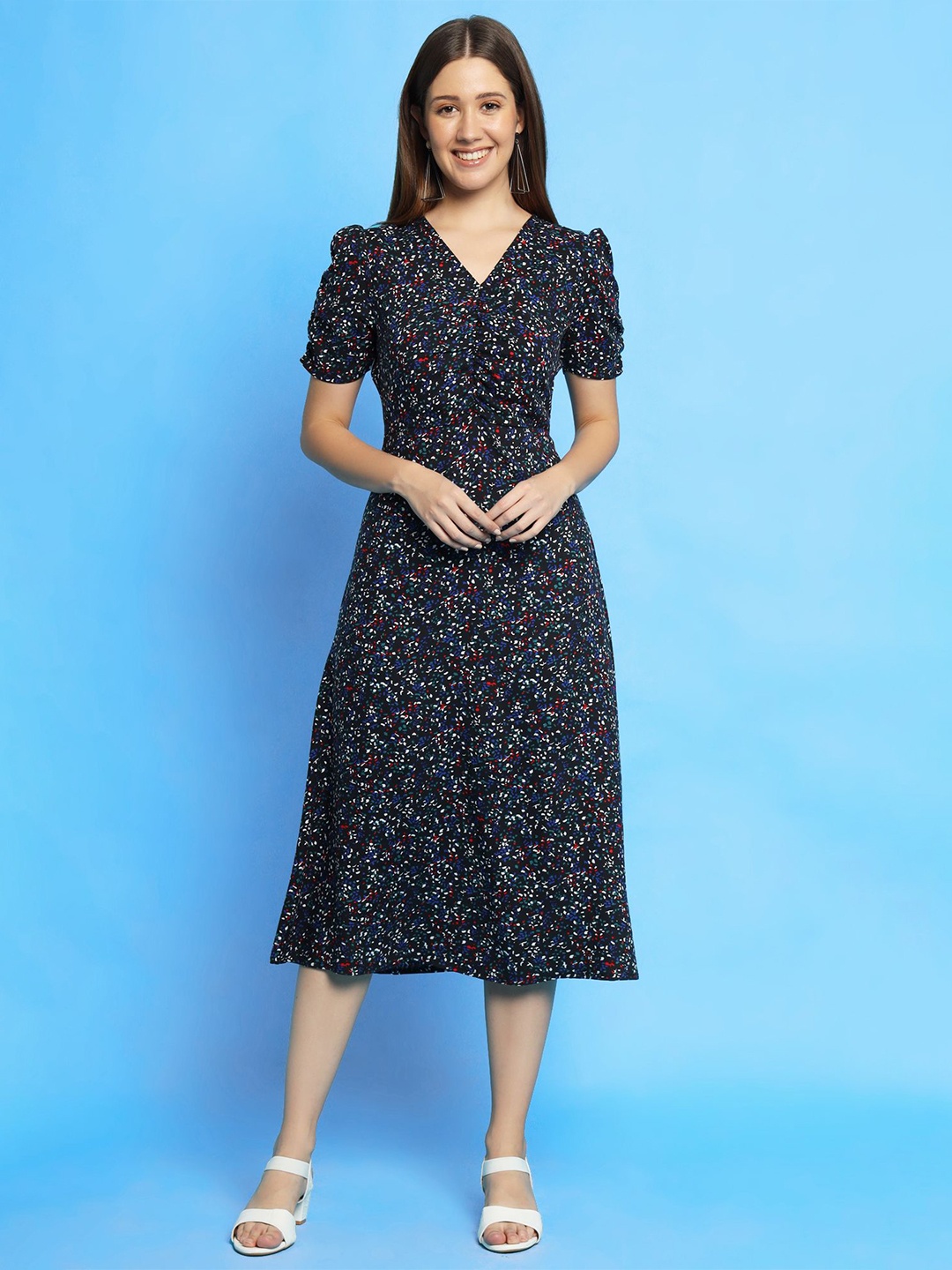 

KIZI Floral Printed Puff Sleeve Fit & Flare Midi Dress, Black