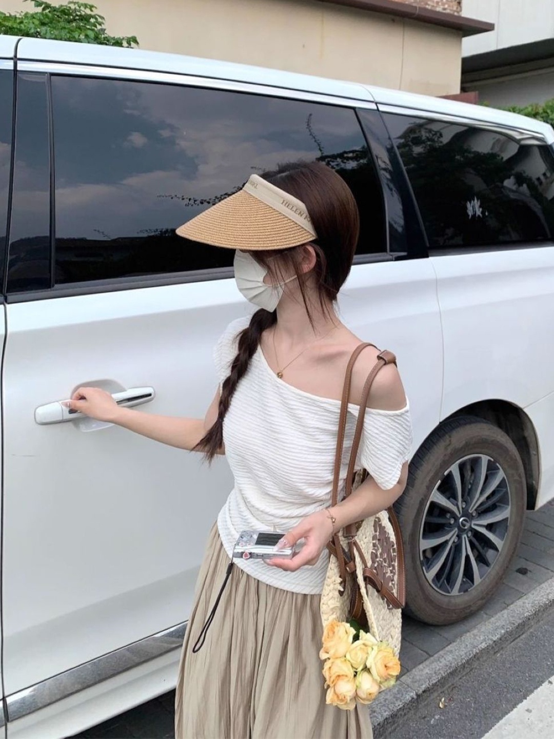 

KPOP Women Self Design One Shoulder Top, White
