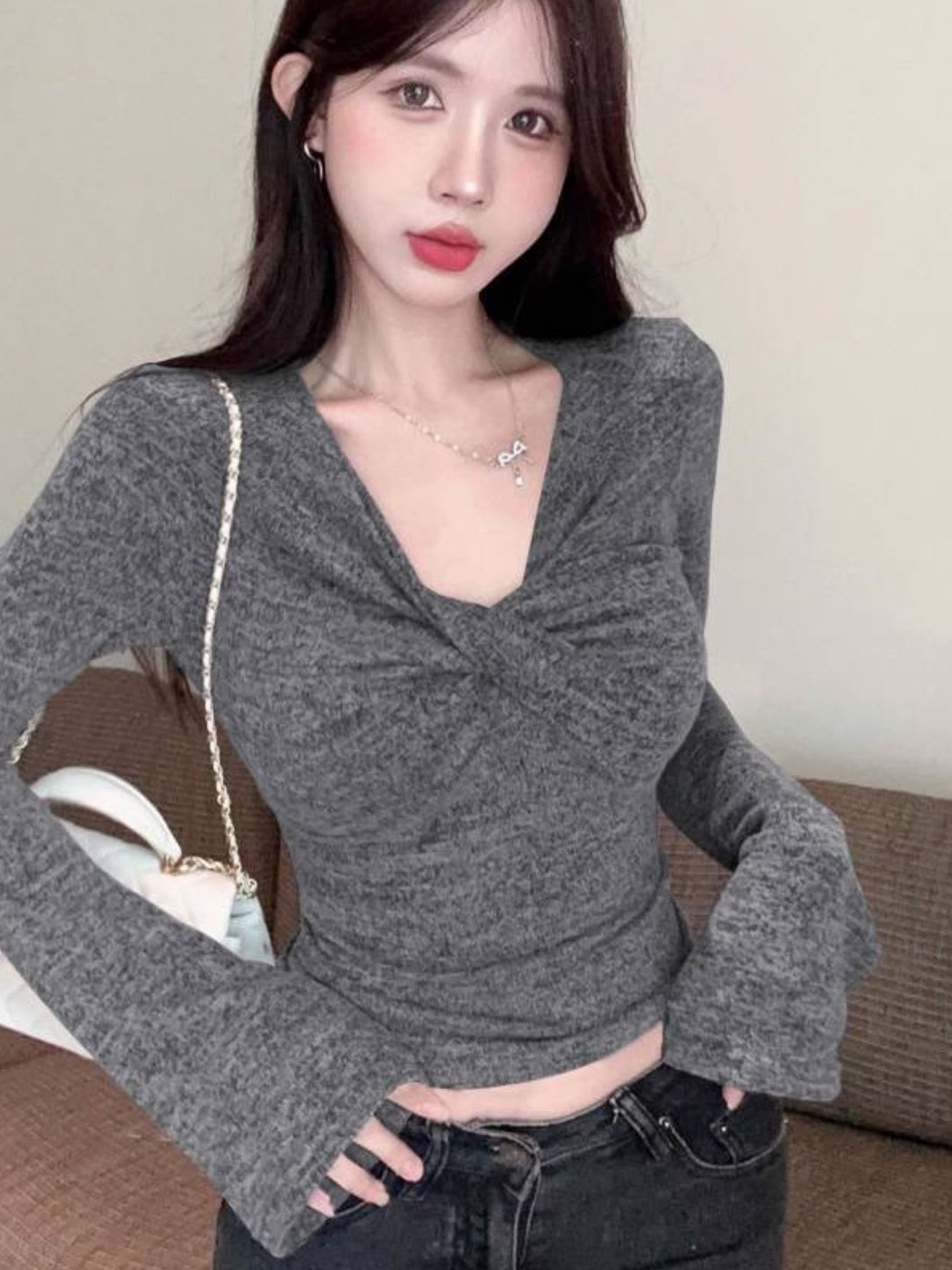 

HERE&NOW Women Extended Sleeves Top, Grey