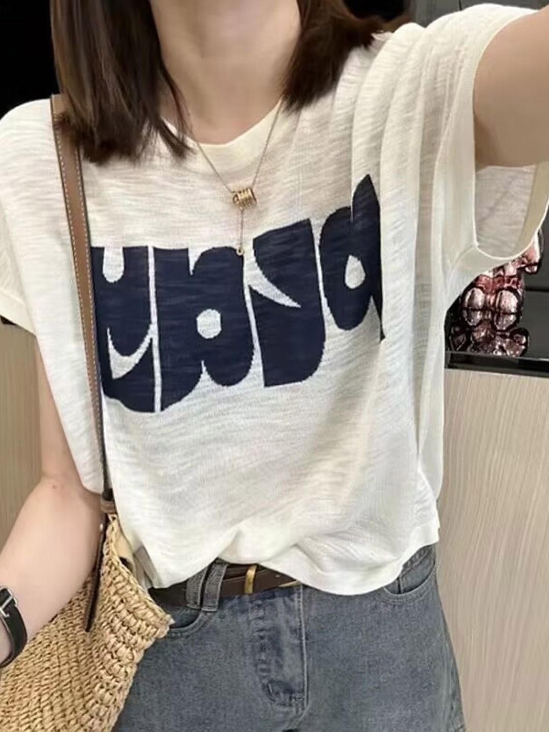 

HERE&NOW Women Printed Round Neck Short Sleeves Top, White