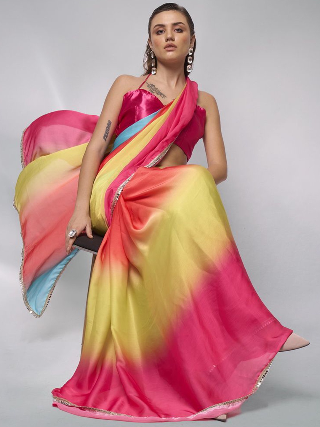 

Mitera Women Colourblocked Satin Ready to Wear Saree, Red