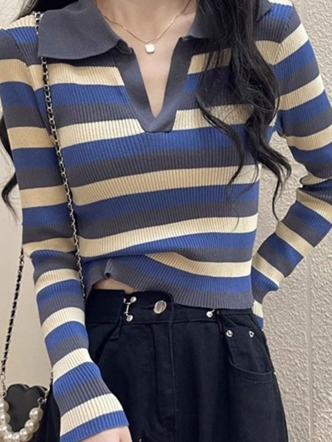 

HERE&NOW Women Striped Shirt Collar Extended Sleeves Top, Grey