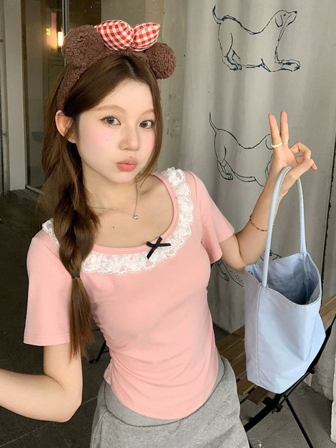 

KPOP Round Neck Short Sleeves Top, Pink