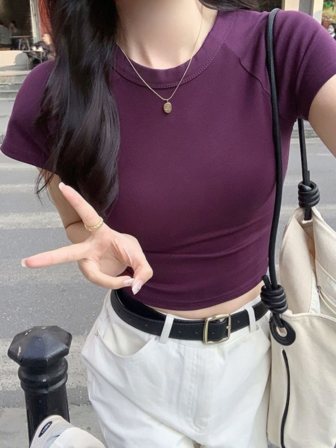 

HERE&NOW Women Round Neck Crop Top, Purple