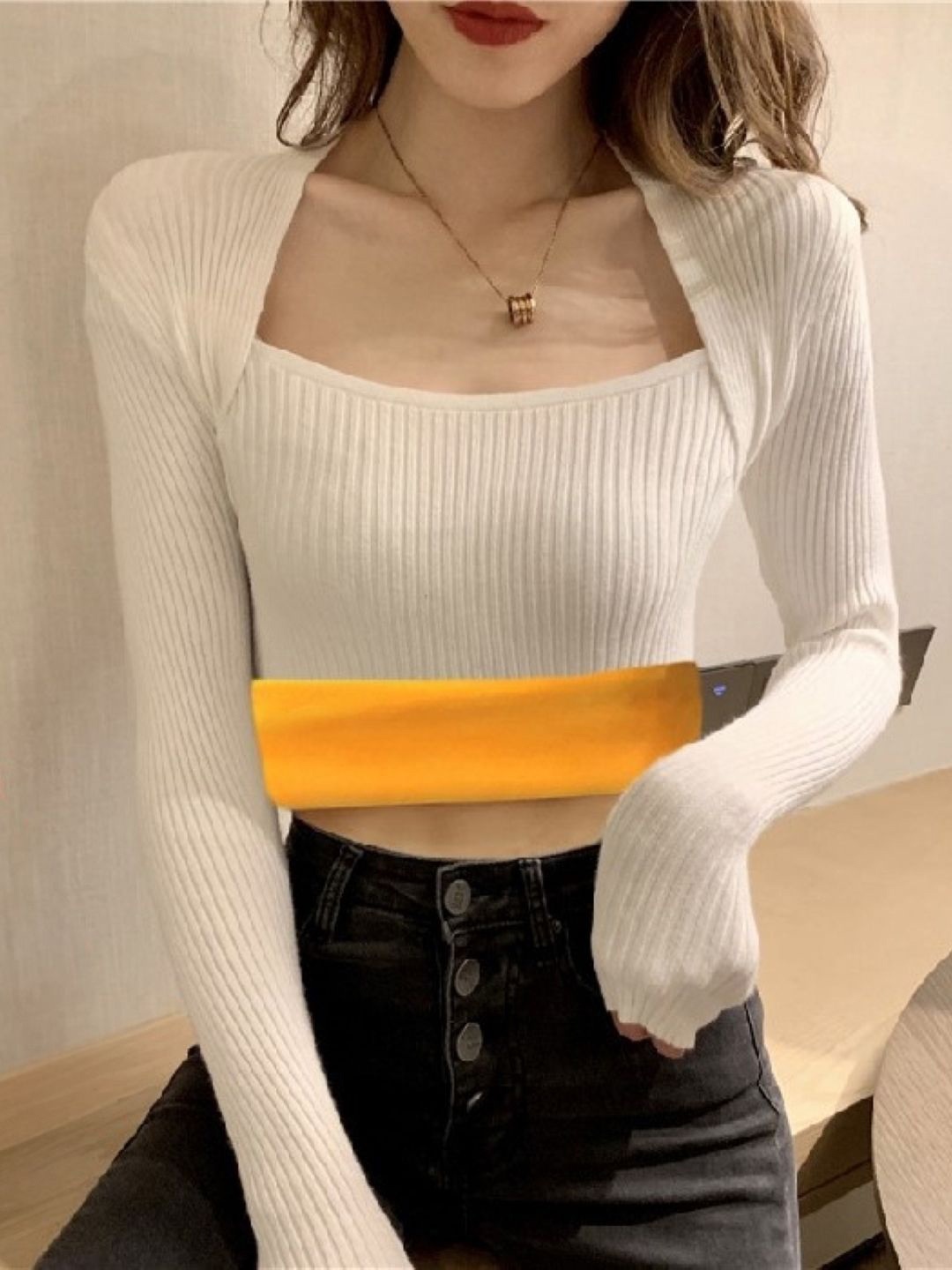 

HERE&NOW Square Neck Long Sleeves Fitted Top, White