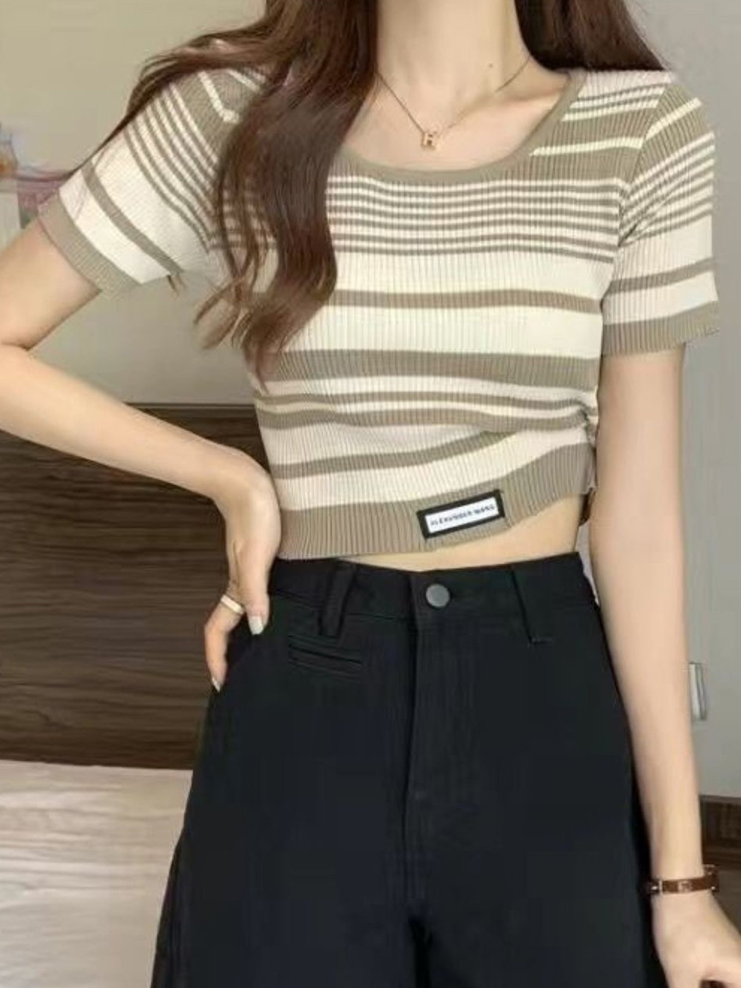 

HERE&NOW Women Striped Printed Top, Brown