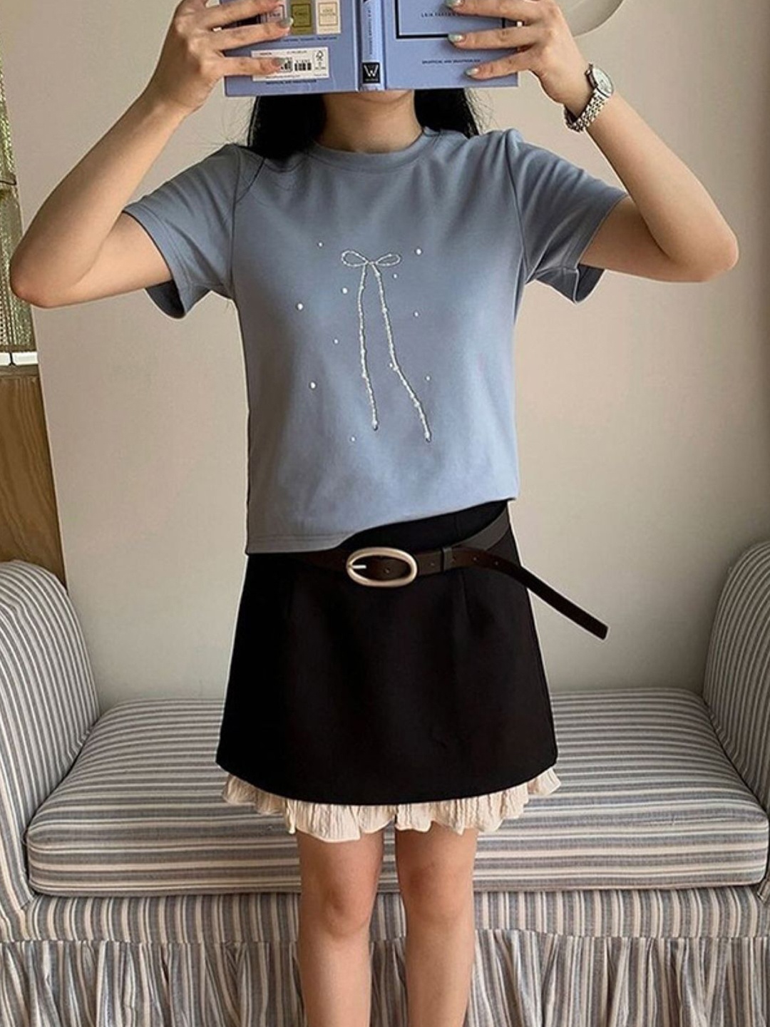 

KPOP Women Round Neck Short Sleeves Graphic Printed Top, Blue