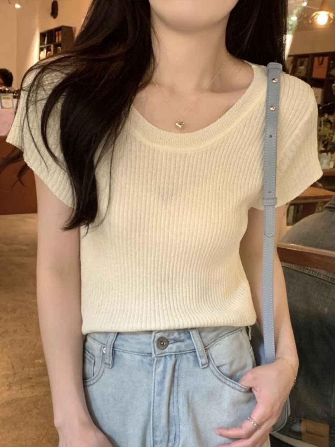 

HERE&NOW Women Round Neck Short Sleeves Top, Cream