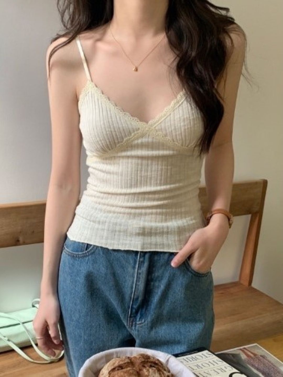 

KPOP Women Shoulder Straps Sleeveless Top, Cream
