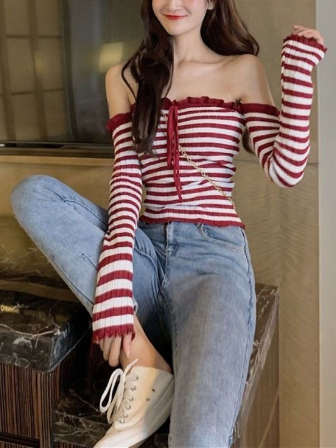 

KPOP Striped Off-Shoulder Top, Red
