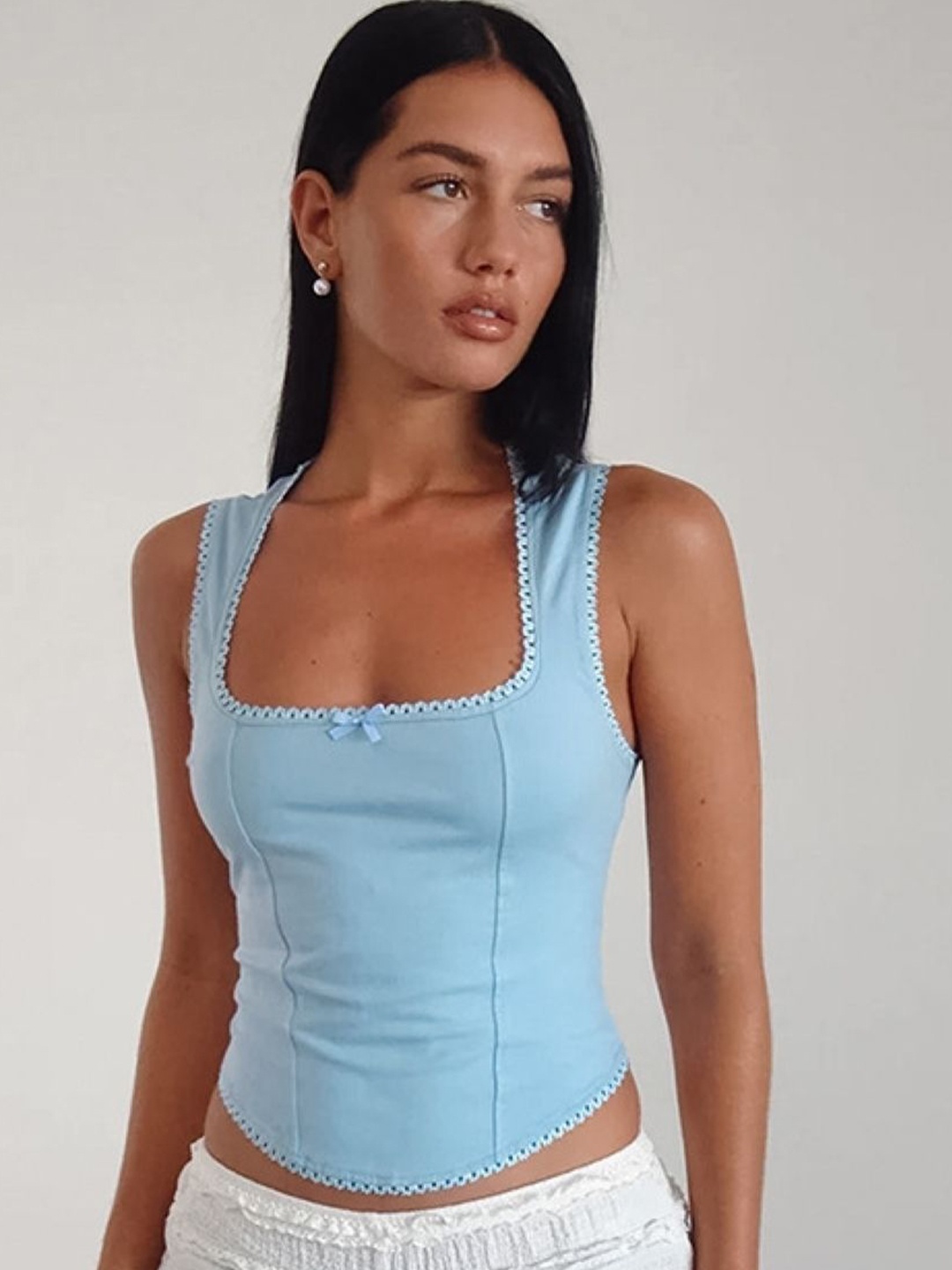 

KPOP Square Neck Sleeveless Solid Crop Top, Blue