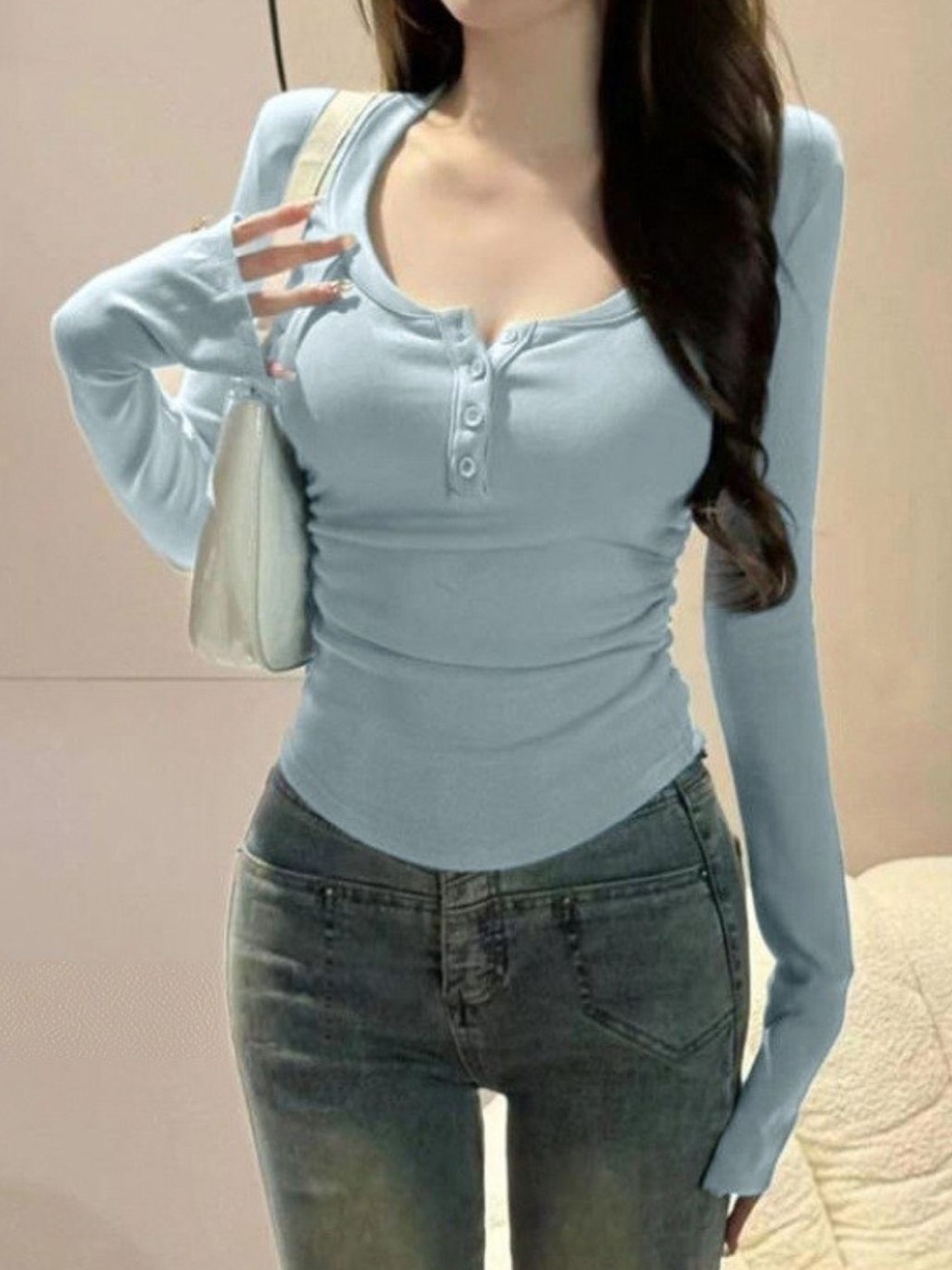 

HERE&NOW Women Extended Sleeves Crop Top, Blue