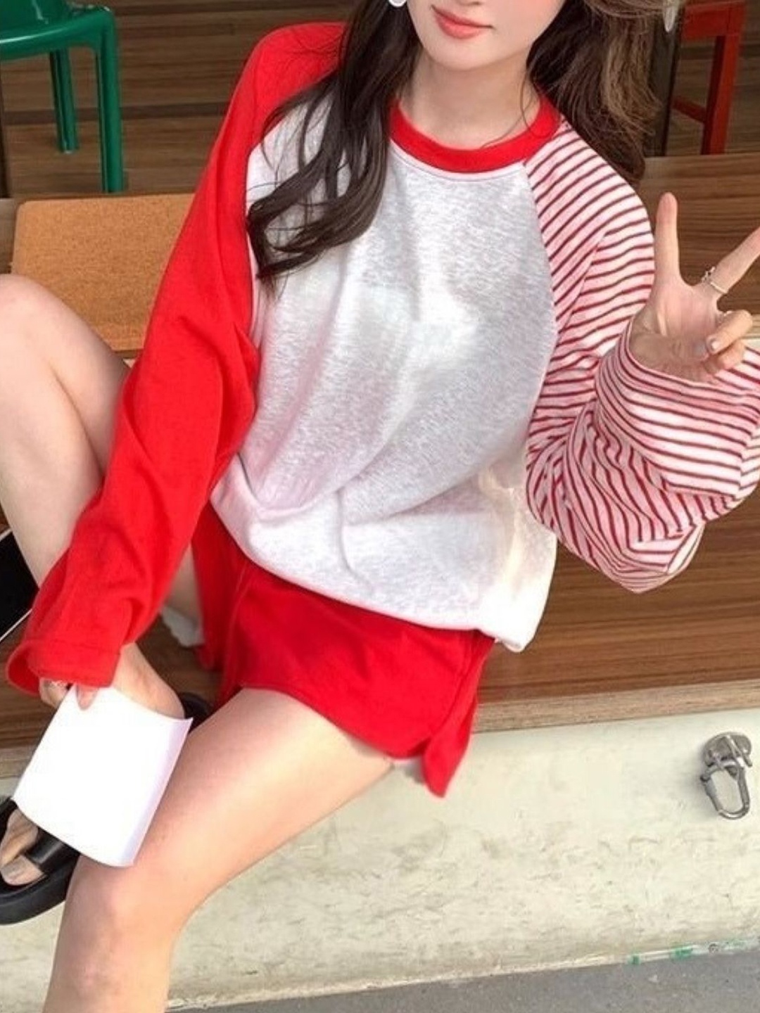 

KPOP Round Neck Long Sleeves Linen Top, Red