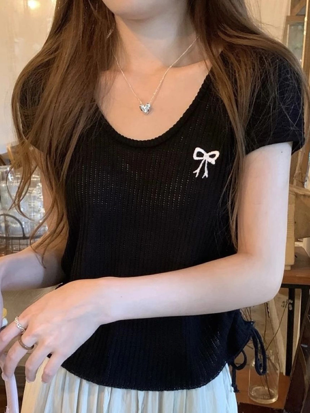 

KPOP Women Self Design Regular Top, Black