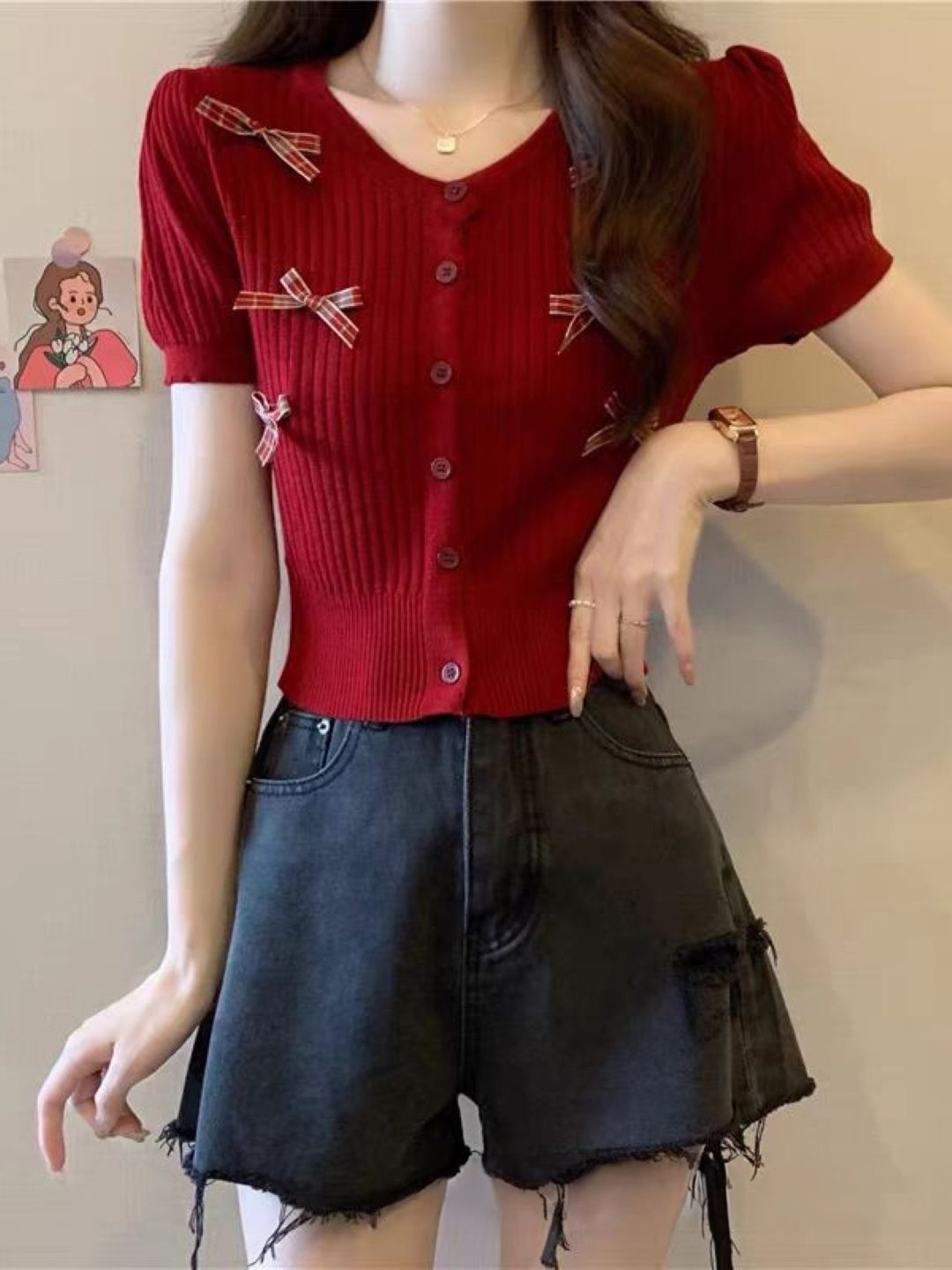 

KPOP Women V-Neck Short Sleeves Top, Maroon