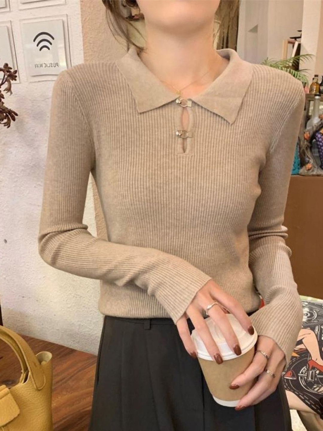 

HERE&NOW Women Shirt Collar Extended Sleeves Top, Brown