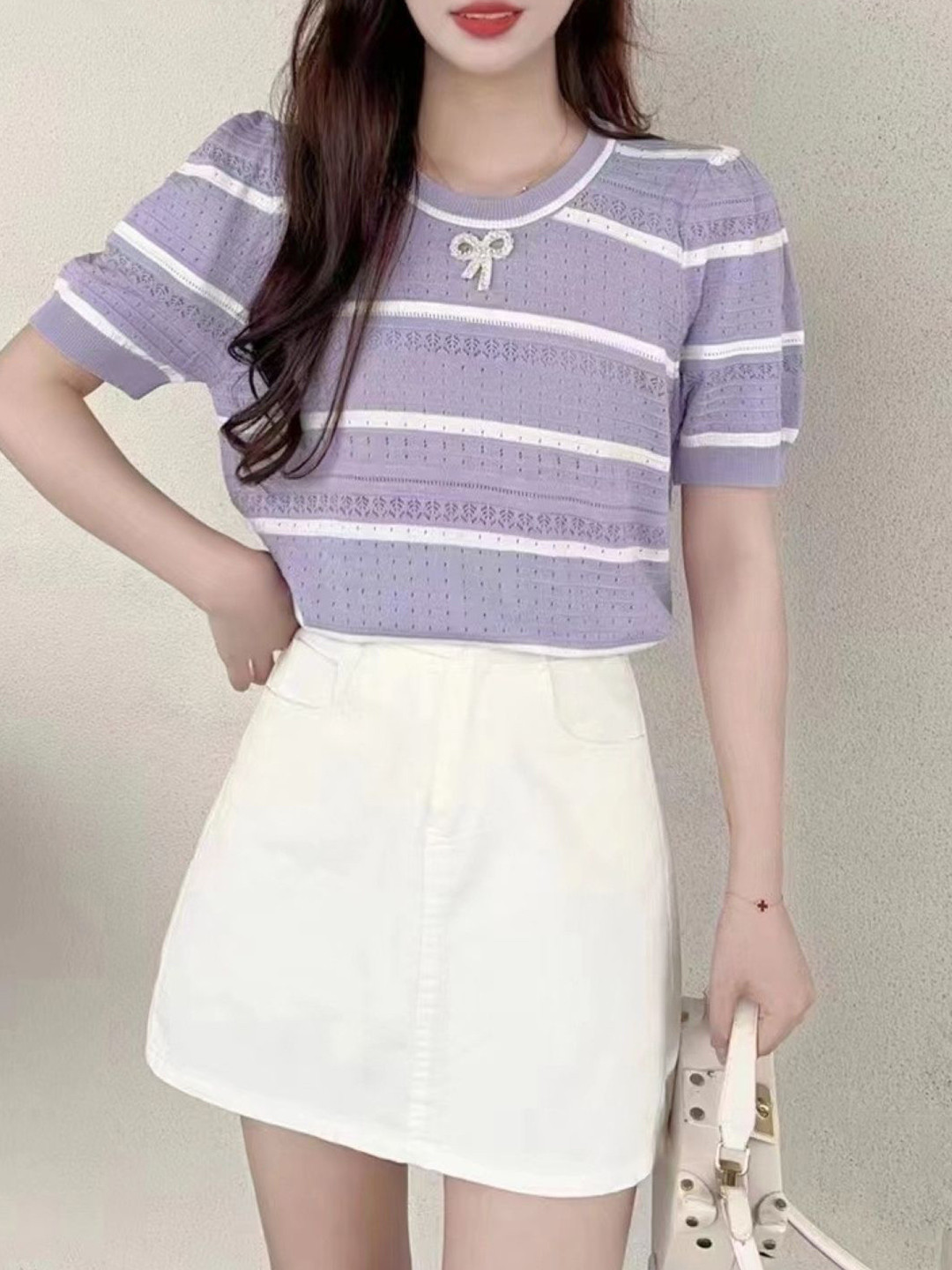 

KPOP Women Striped Round Neck Top, Purple