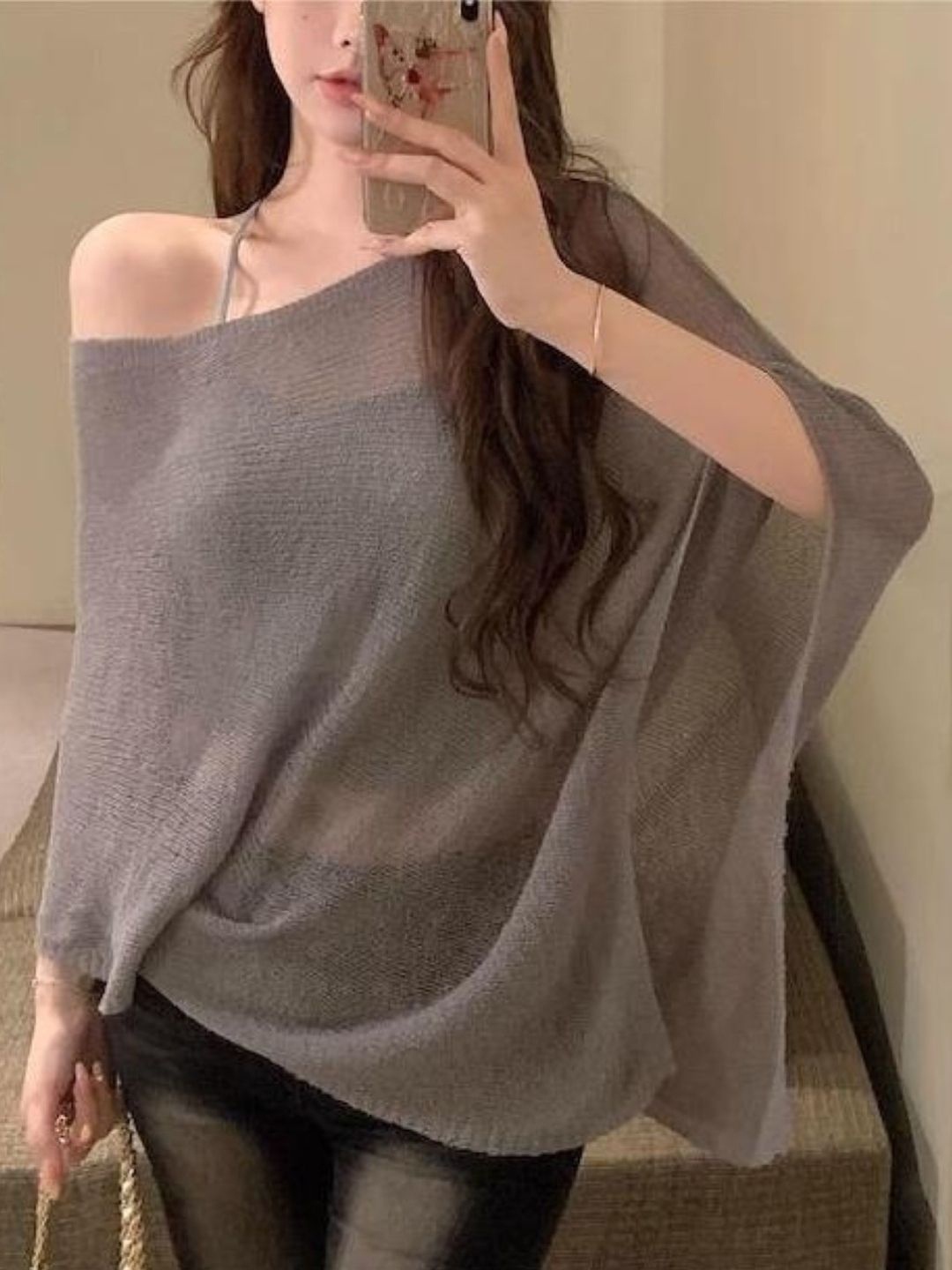 

KPOP Women One Shoulder Semi Sheer Top, Brown