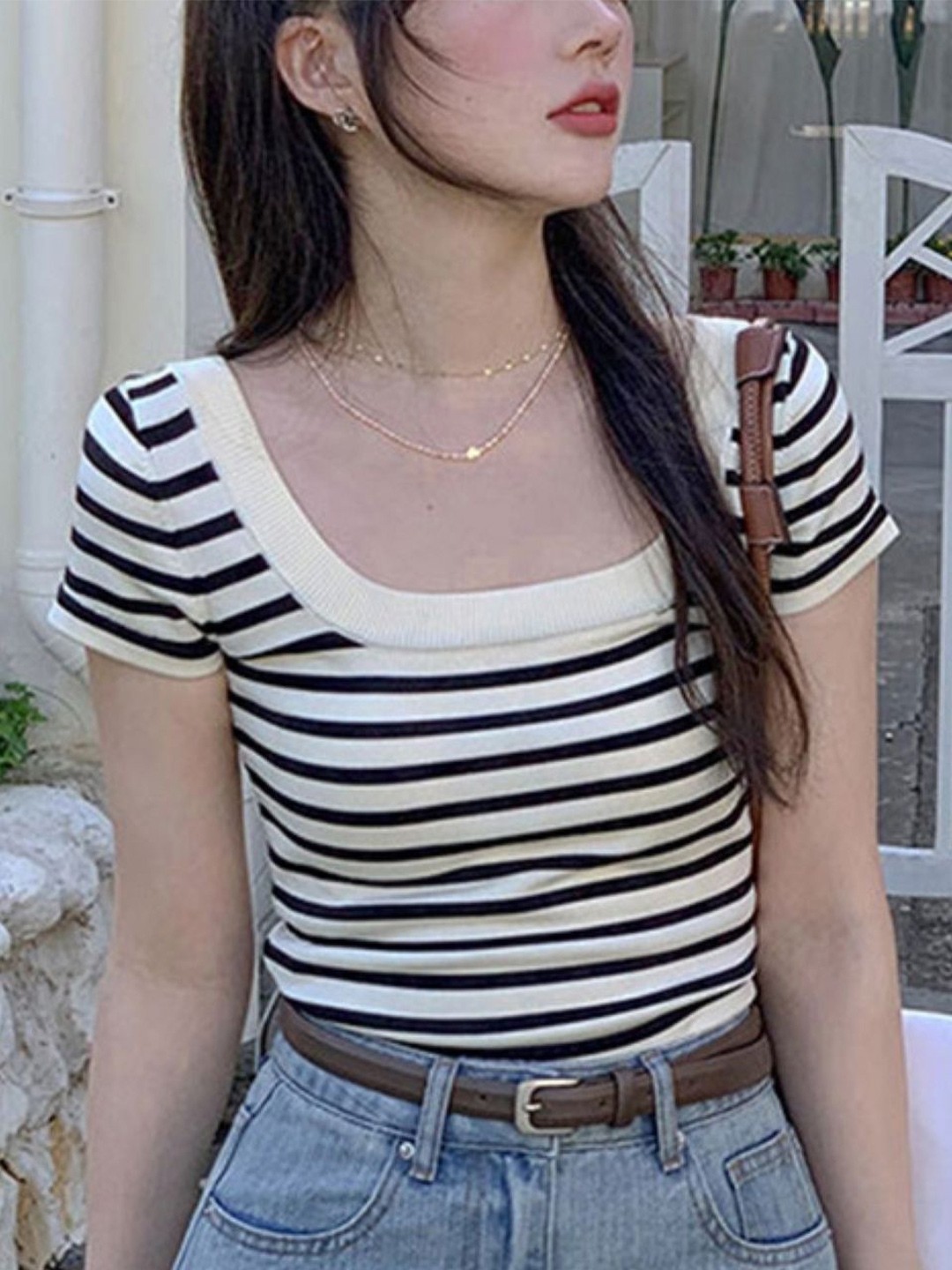

HERE&NOW Women Horizontal Striped Top, White