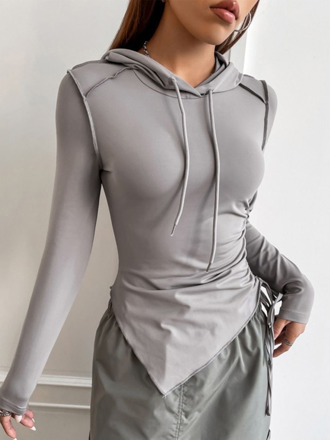 

KPOP Women Hooded Extended Sleeves Regular Top, Grey
