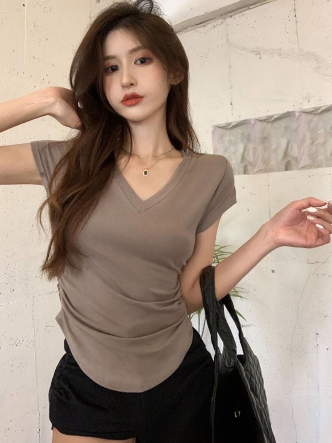

HERE&NOW Women V-Neck Cap Sleeves Top, Brown