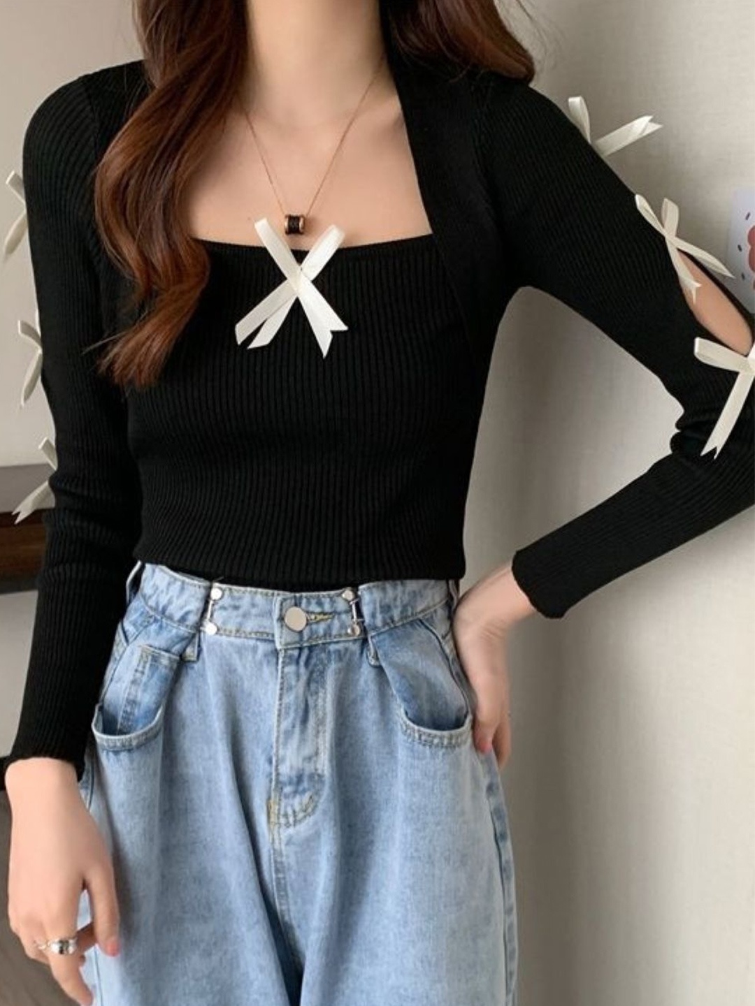 

KPOP Women Square Neck Long Sleeve Pure Cotton Top, Black