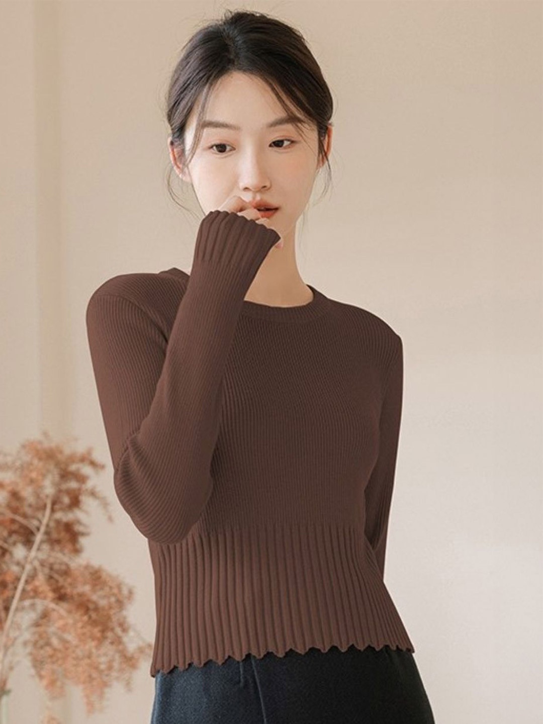 

HERE&NOW Women Round Neck Extended Sleeves A-Line Top, Brown