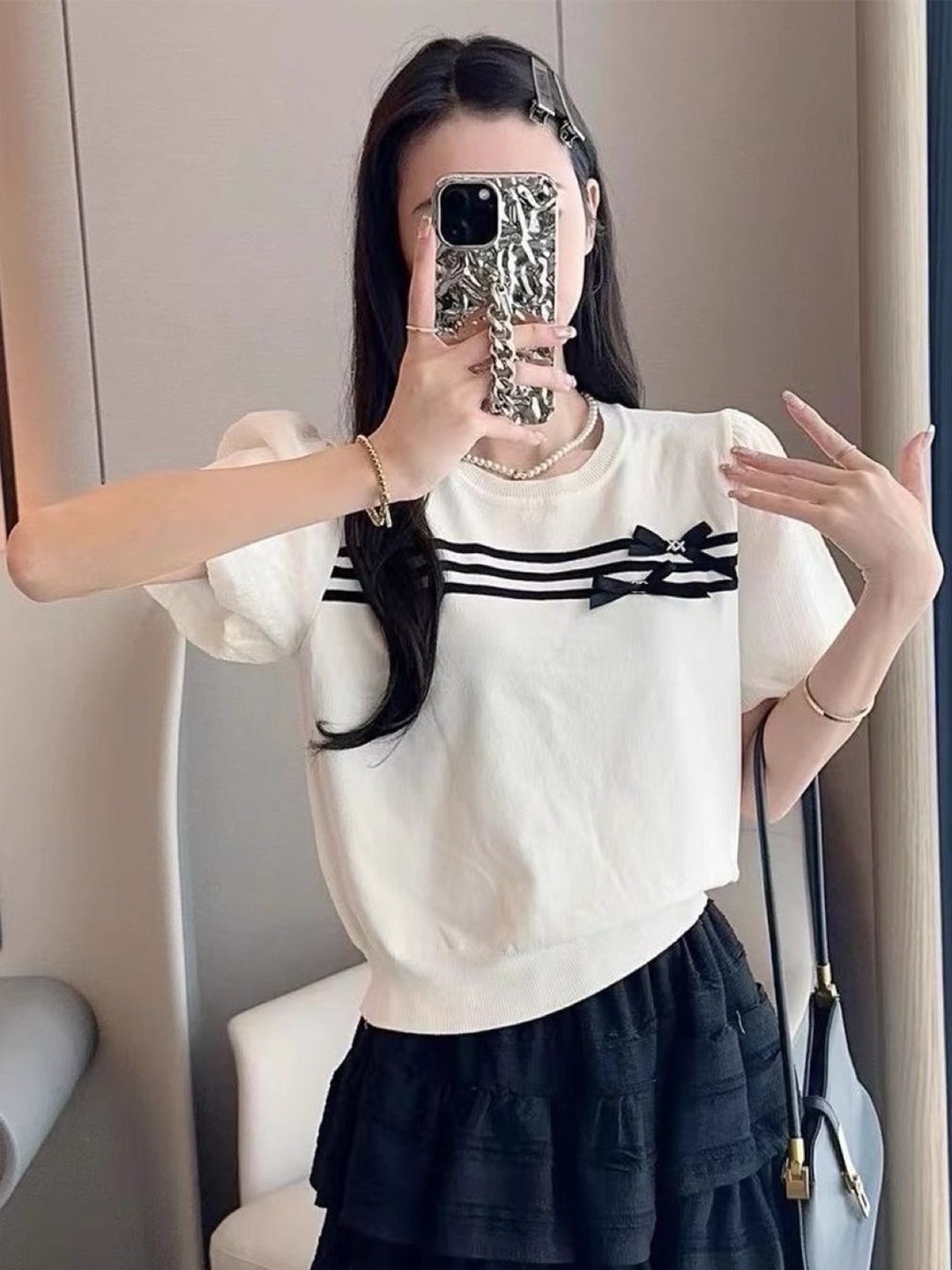 

KPOP Women Pure Cotton Round Neck Short Sleeves Top, White