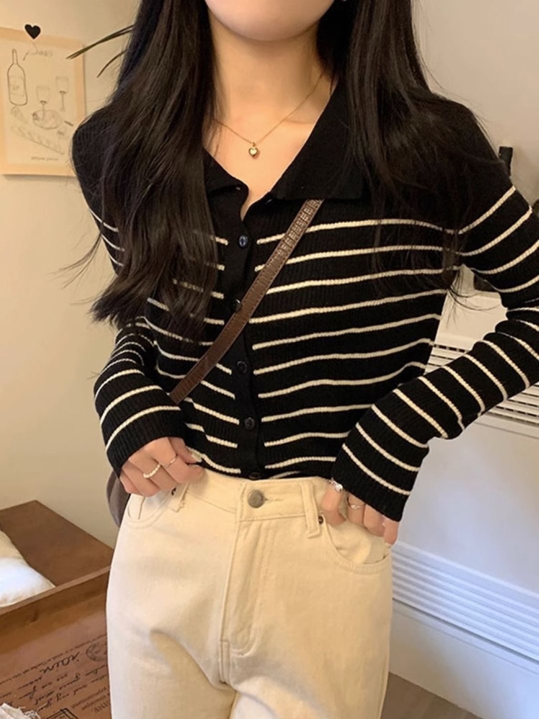 

HERE&NOW Women Shirt Collar Long Sleeves Horizontal Stripes Top, Black