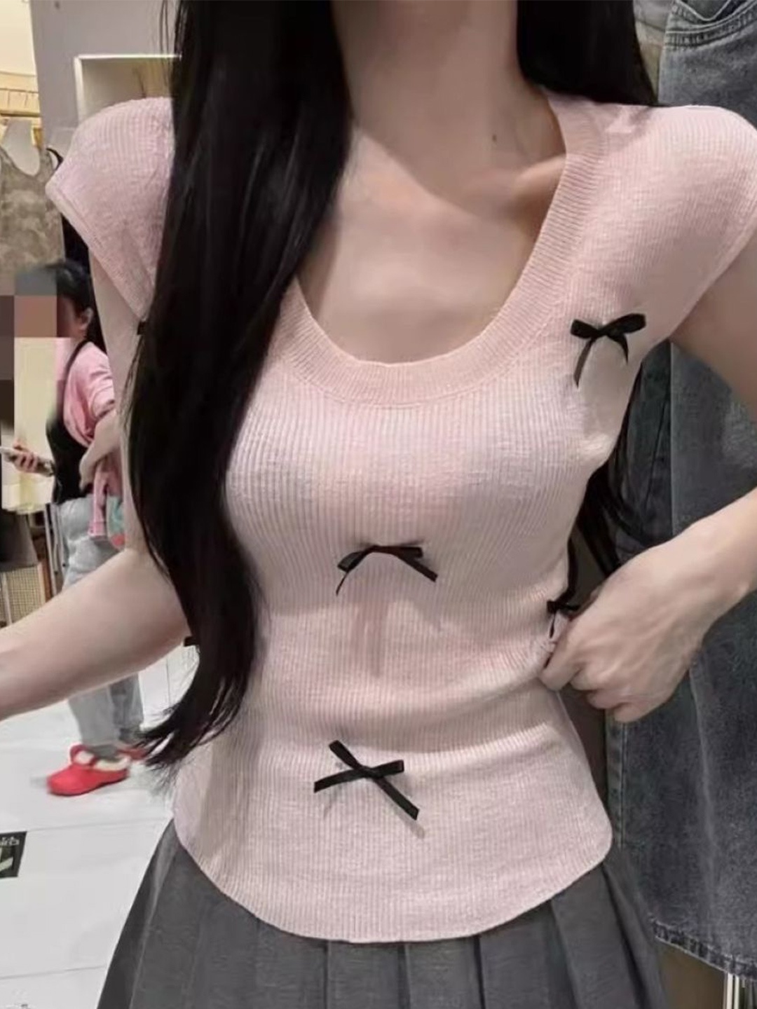 

KPOP Women Round Neck Ribbed Top, Pink