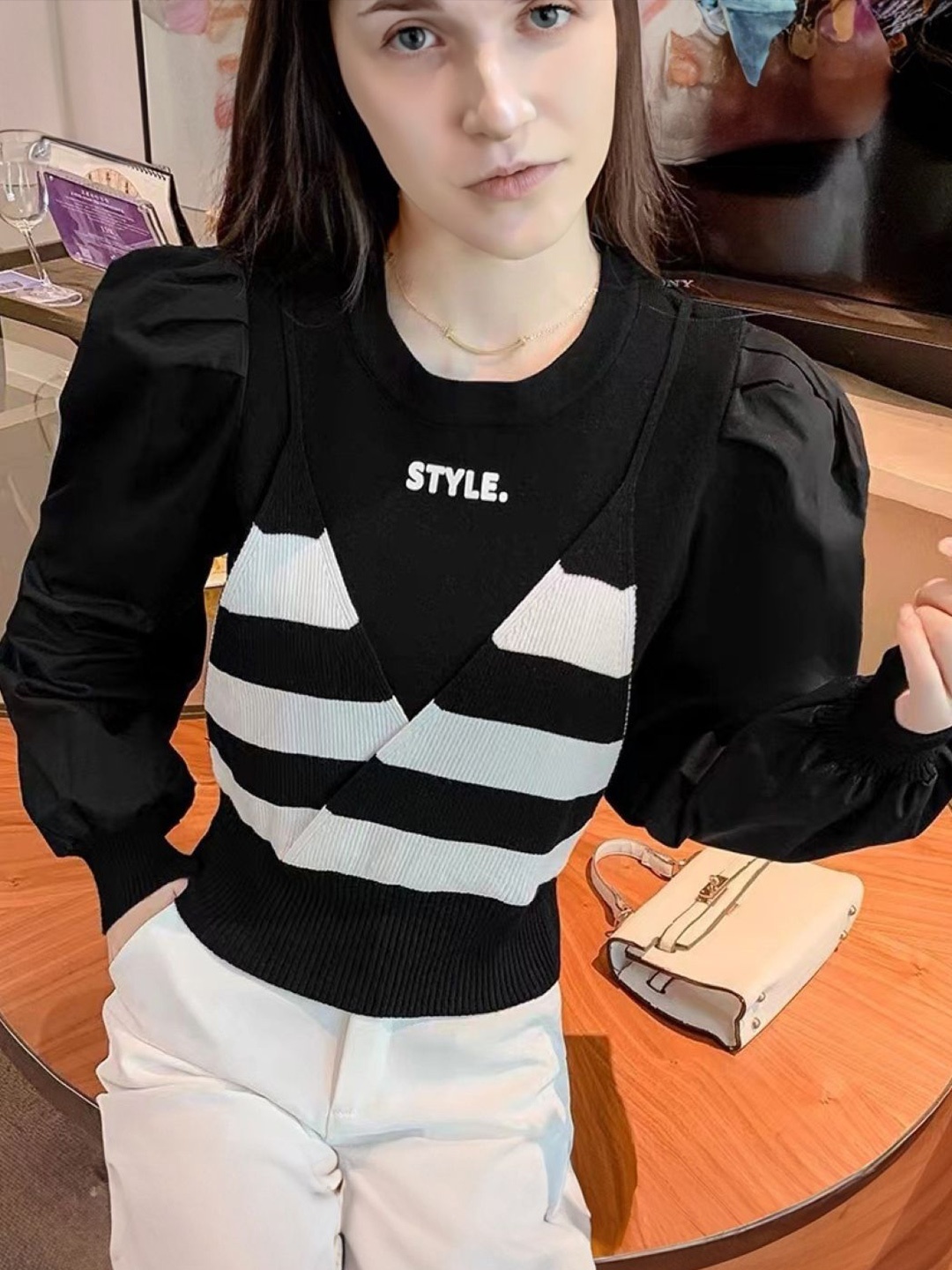 

HERE&NOW Women Horizontal Stripes Striped Regular Top, Black