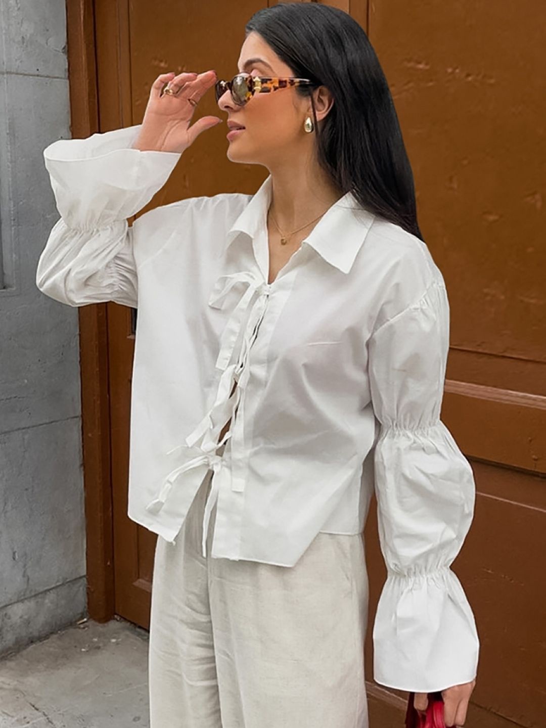 

StyleCast Women Shirt Collar Bishop Sleeves Cotton Shirt Style Top, White