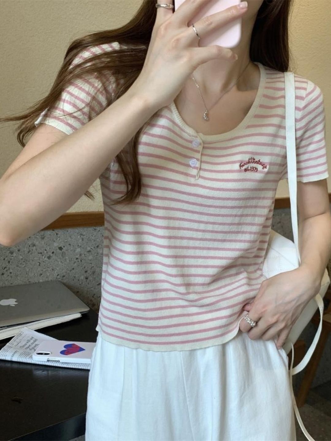 

KPOP Women Striped Printed Top, Pink