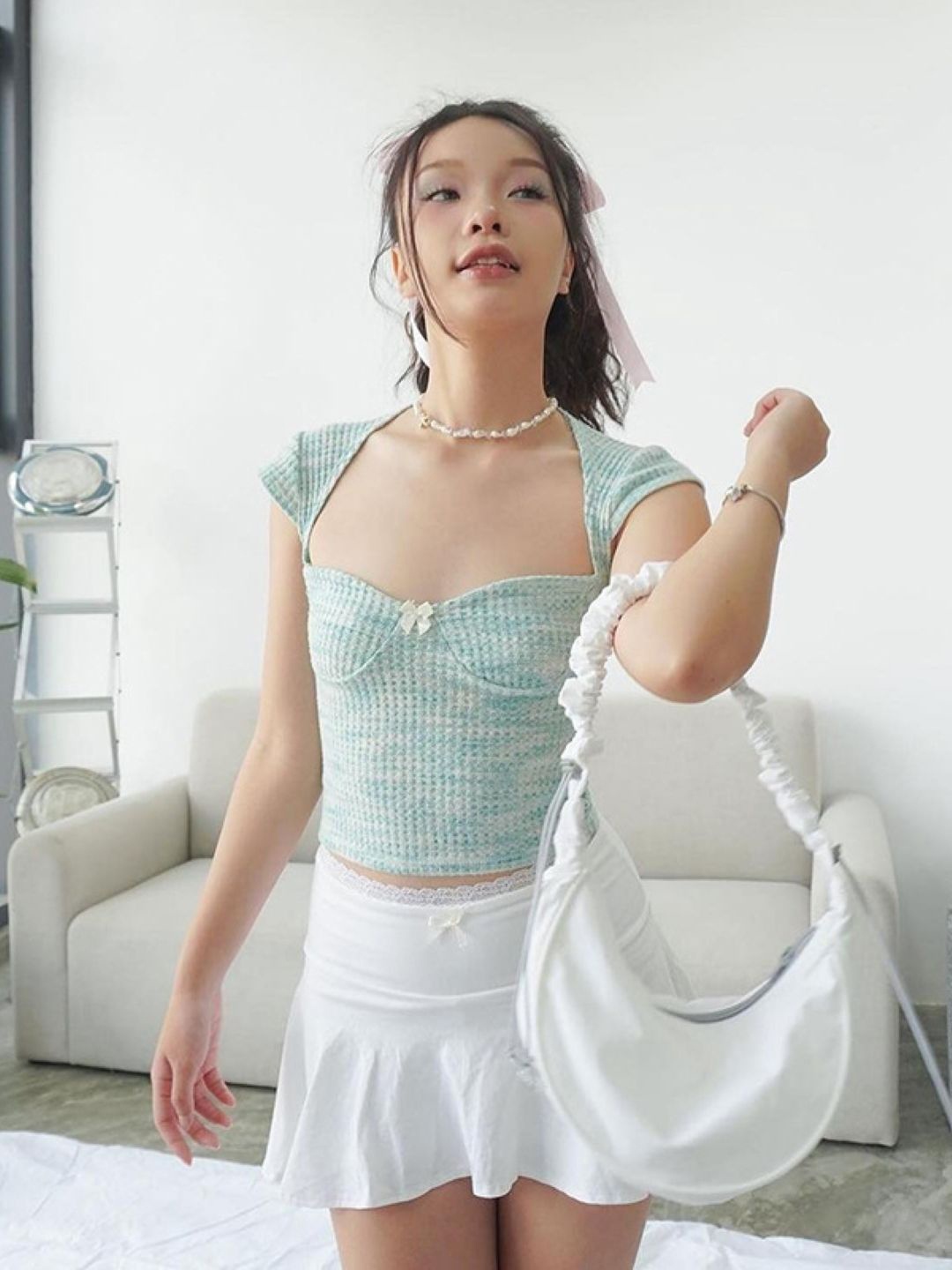 

KPOP Women Printed Sweetheart Neck Cap Sleeves Crop Top, Green