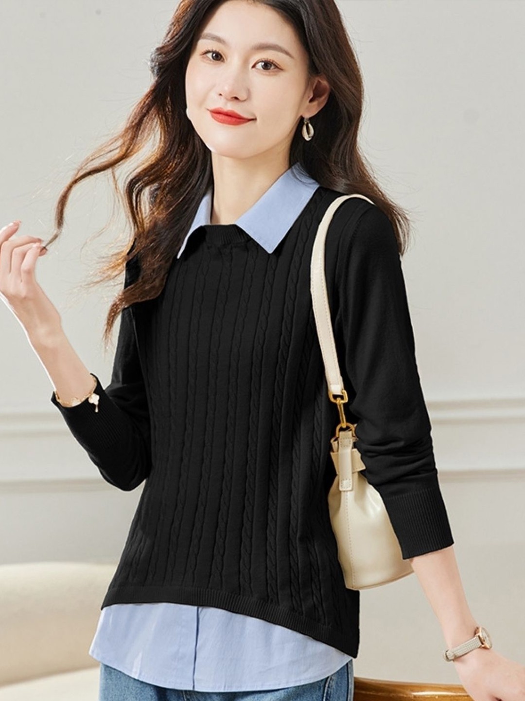 

KPOP Women Cotton Shirt Collar Long Sleeves Top, Black